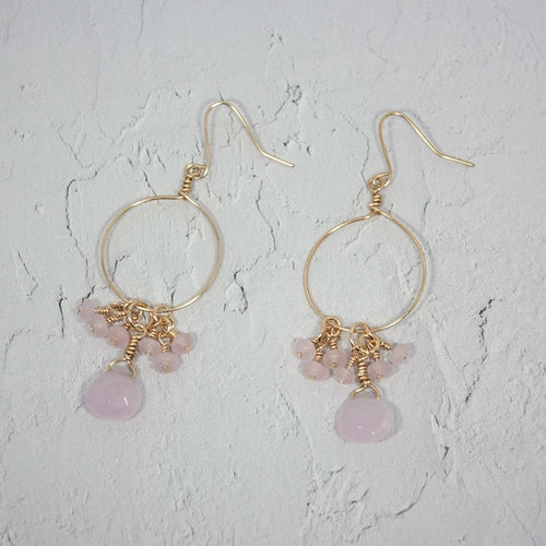 Pink Chalcedony and Jade  Cluster Hoop Earrings